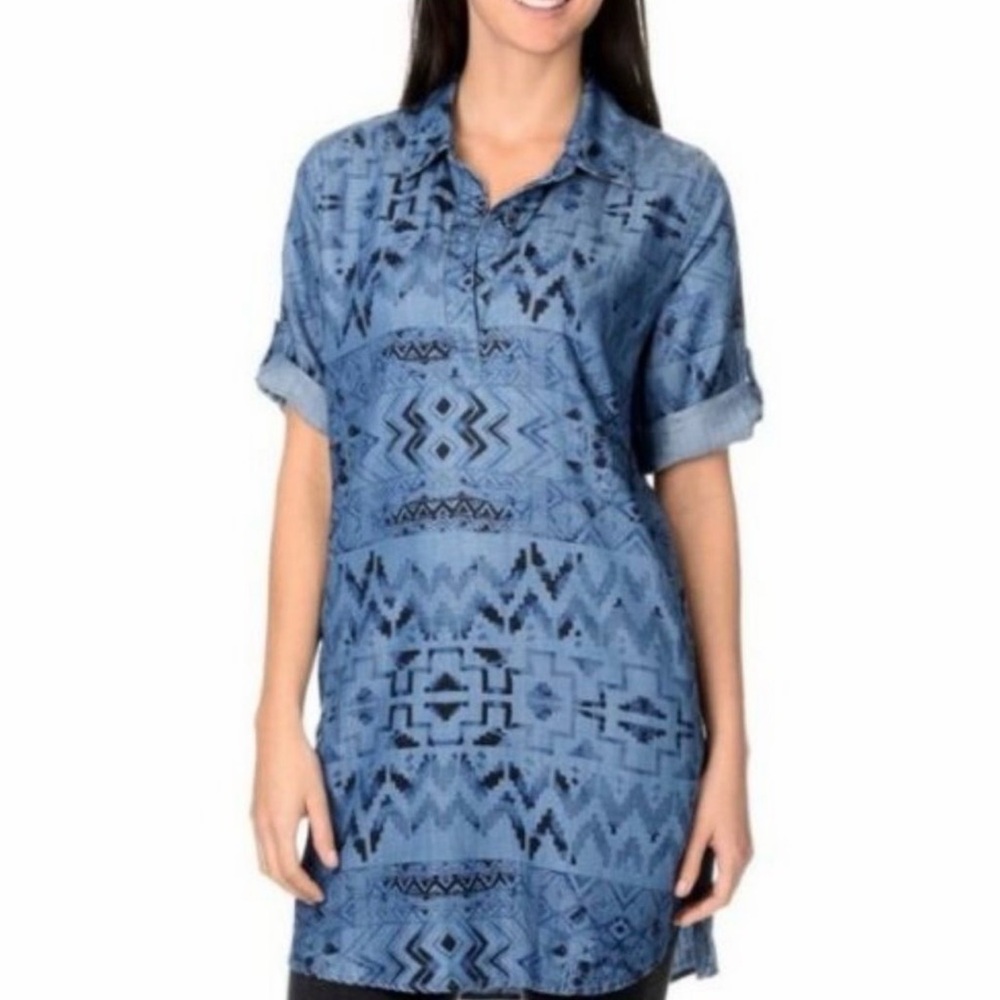 Chambray Shirt Dress Aztec Print Western